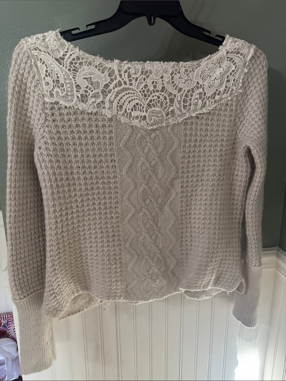 Free People Women's Cream Cable Knit Scoop Neck Sweater with Lace & Bead Detail - Picture 6 of 7